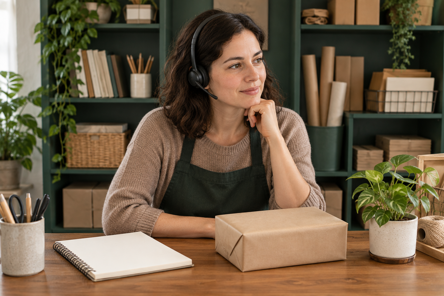 A fictional person listening through a headset beside a blank notebook, unmarked parcel and plant on a wooden shop desk